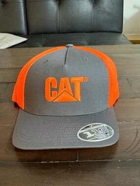Caterpillar Gray and Orange Mesh Logo Trucker Hat